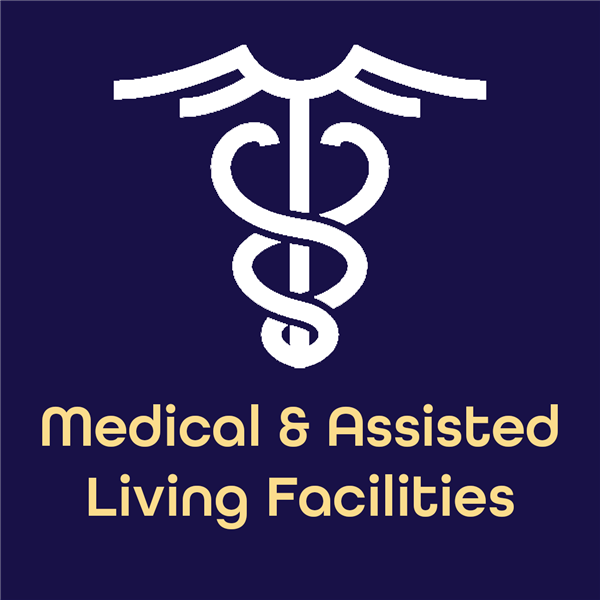 Navy square with white medical icon with the words Medical & Assisted Living Facilities in gold  